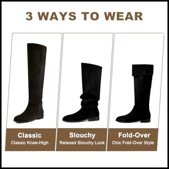 Suede Convertible Knee High Boots Fold Over Slouchy Flat Round Toe - Picture 4 of 7